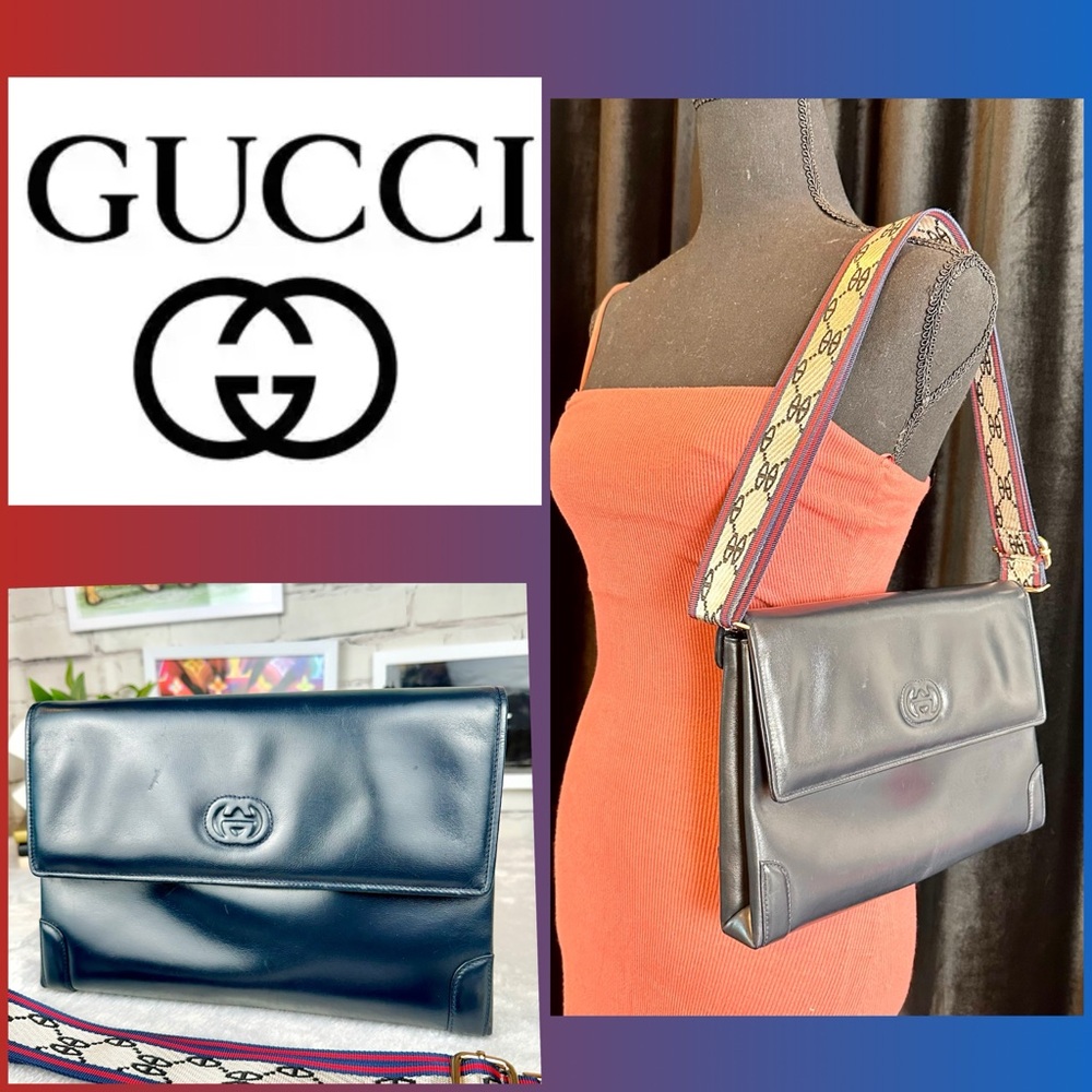 GUCCI GG navy Leather Clutch crossbody or shoulder bag with strap. RARE